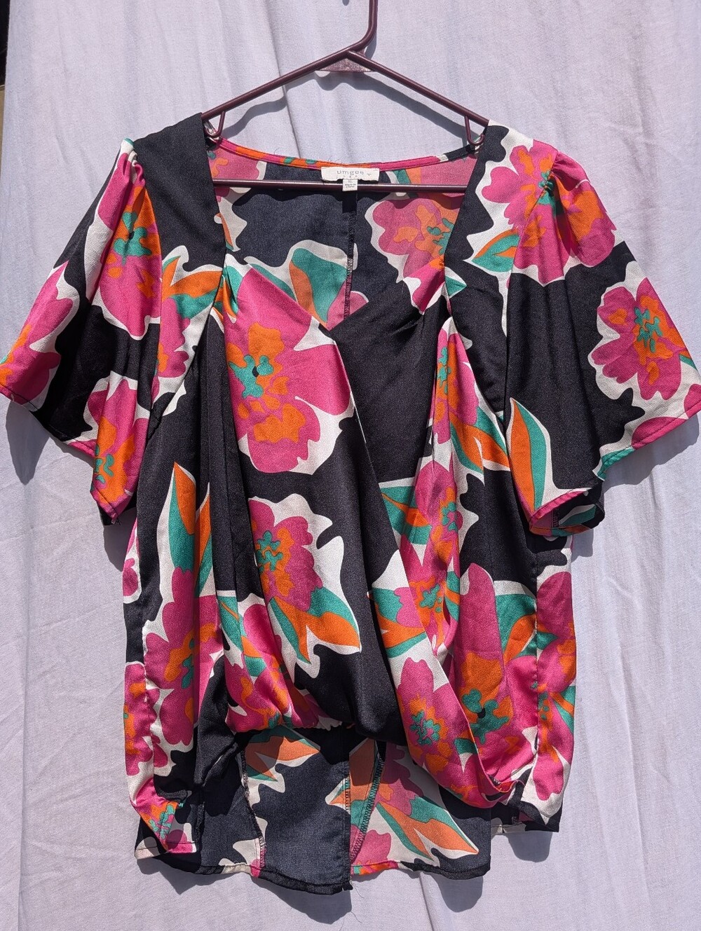 Umgee Floral Print Surplice Short Sleeve Wrap Top - Black Mix Size XL